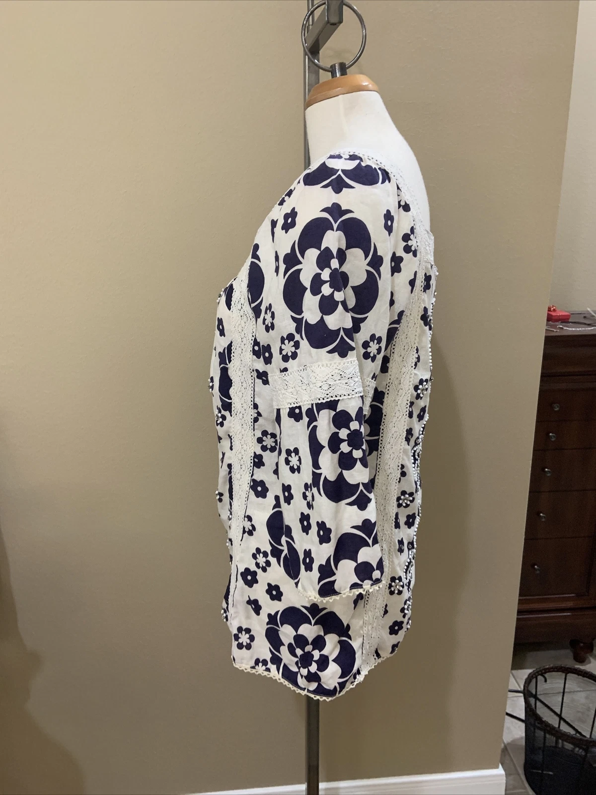 Tory Burch tunica di lino beige navy con perline taglia 10
