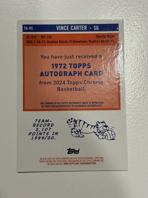 2023-24 Topps Chrome Basketball Vince Carter /50 Gold Auto 