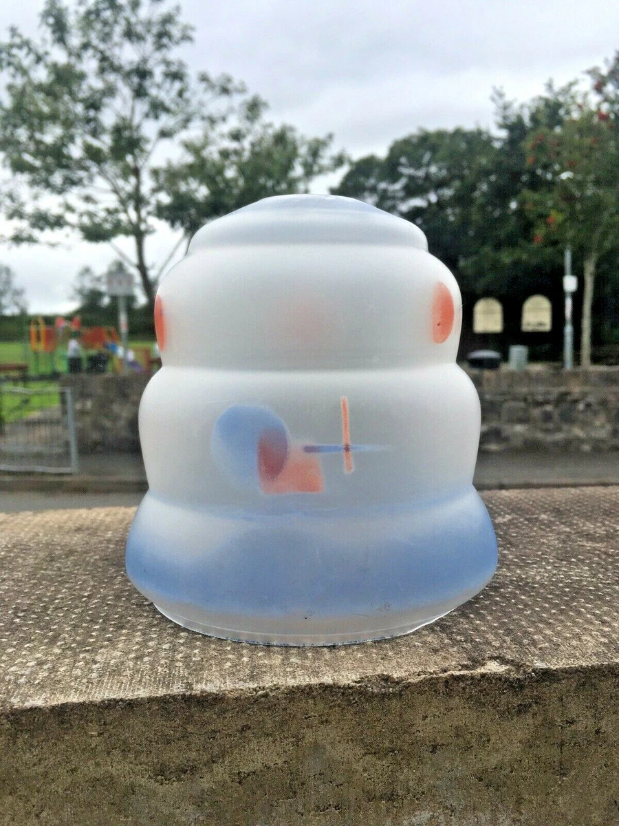 ART DECO 1930S BLUE RED FROSTED GEOMETRIC BEEHIVE GLASS LAMP LIGHT SHADE VINTAGE