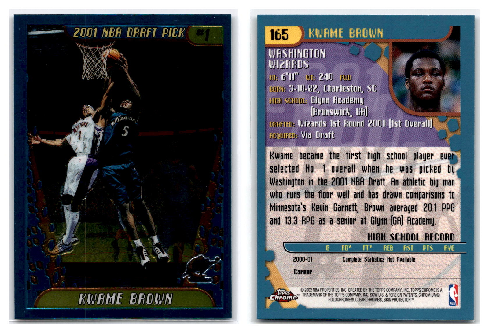 2001-02 Topps Chrome Basketball #165 Kwame Brown RC - Washington Wizards
