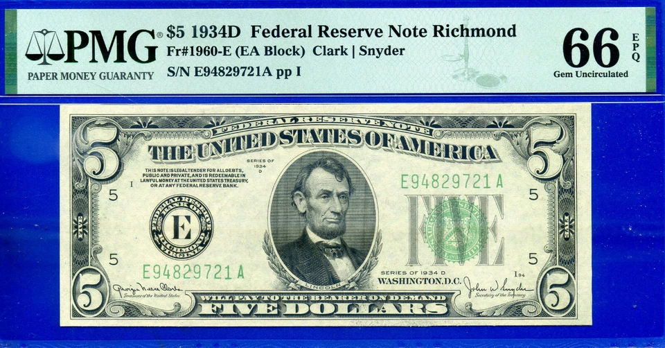 1934D $5 Federal Reserve Note PMG 66EPQ 2nd highest graded EA Block Fr 1960-E - Image 3 of 4