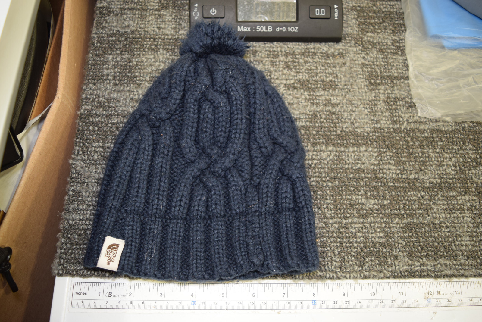 North Face Chunky Knit Winter Ski Pom Hat Beanie Blue Boys Girls M WORN LOOK