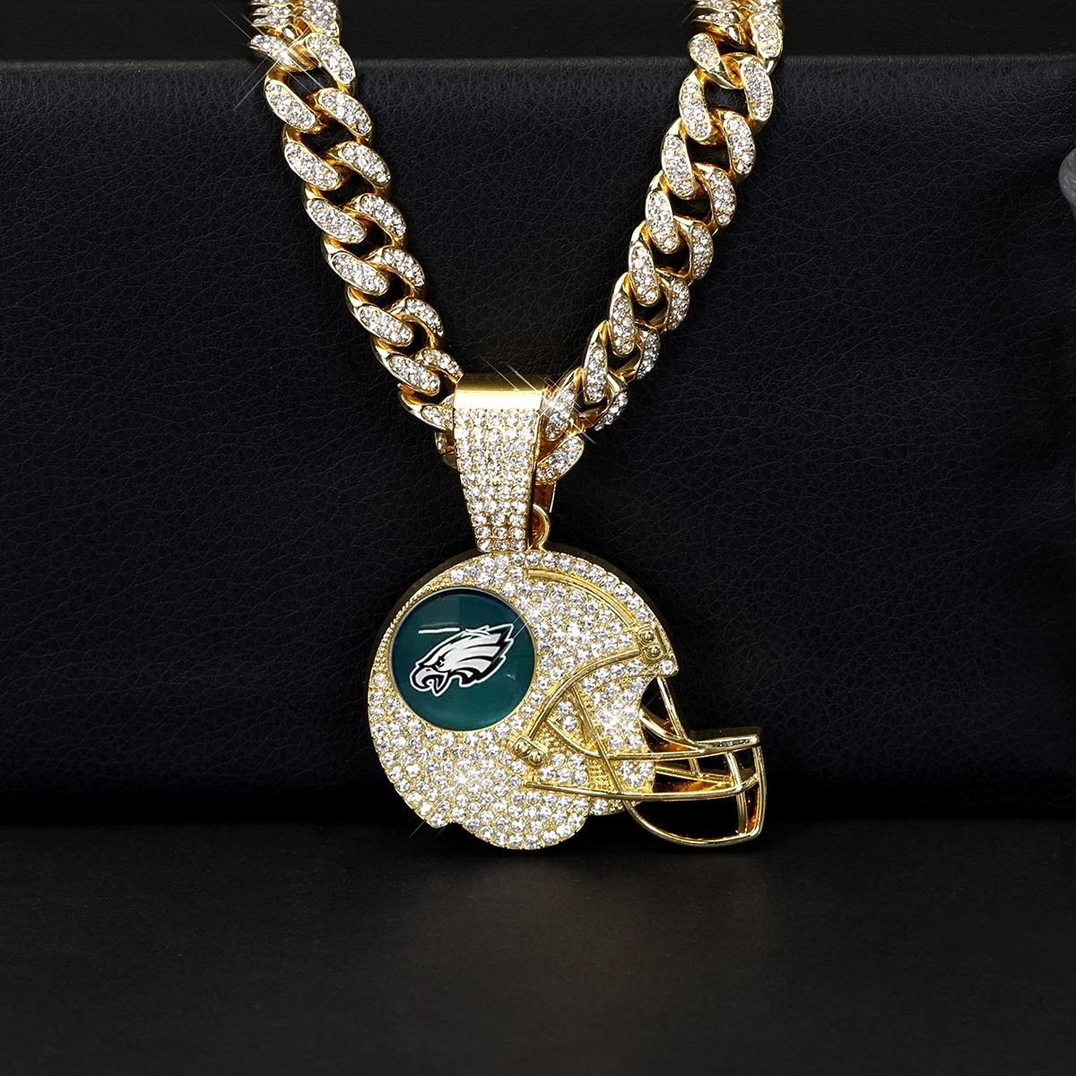 Philadelphia Eagles Iced Out Helmet Cuban Link Chain Necklace