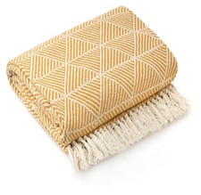 Image of 100% Cotton Throw Ochre Yellow Luxury Fringe Geo Tassel Sofa Bed Chair Blanket
