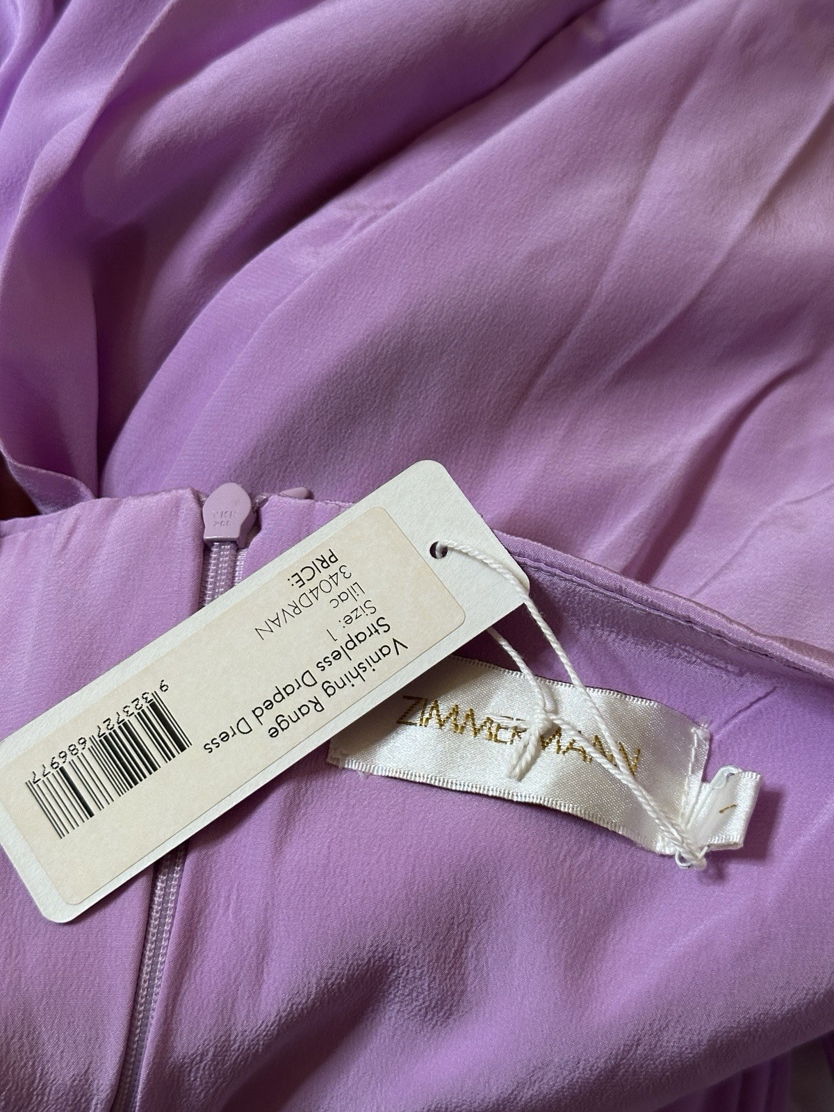 New Zimmermann Mini Dress 1 / Small Lilac Strapless 100% Silk Draped Sweetheart