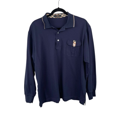 Daks, Vintage DAKS London Long Sleeve Polo Shirt 54 Fits US L Navy Blue Check Pique