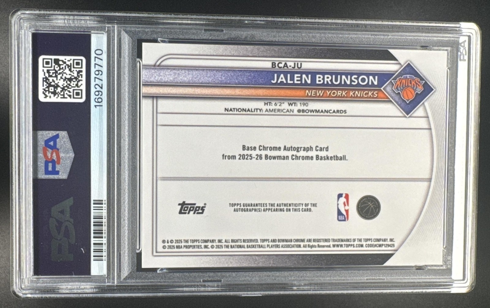 2025 Bowman Jalen Brunson #BCA-JU Chrome Auto True Black Refractor /10 PSA 10 view 2