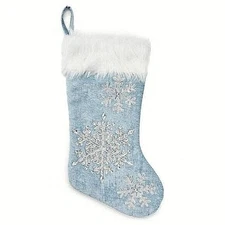 Light Blue Velvet Christmas Stocking With White Faux Fur Cuff & Glitter Snowflak