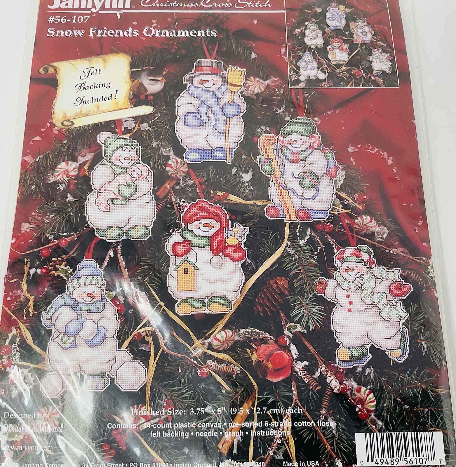 Janlynn Counted Cross Stitch Snow Friends Snowman Ornaments #56-107 NIP VTG 1997