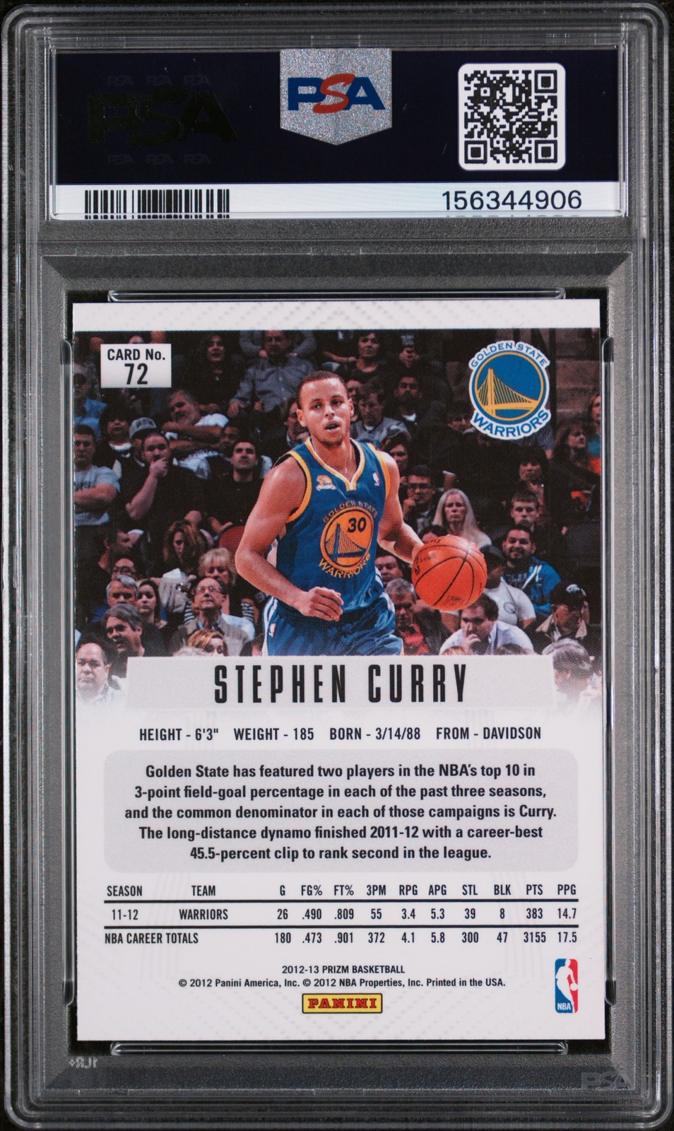 2012 PANINI PRIZM #72 STEPHEN CURRY PSA 7 view 2
