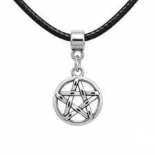 Collana PENTACOLO Argento corda nera tipo caucciu con Ciondolo Stella Uomo Donna