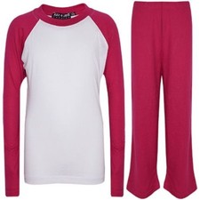 Kids Girls Boys Pyjamas Designer Plain Pink Contrast Sleeves Nightwear PJS 2-1