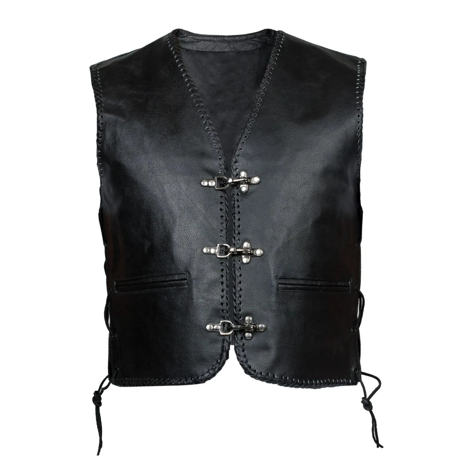 Men’s Black Leather Biker Vest – Motorcycle Waistcoat Cowhide Split with Lace