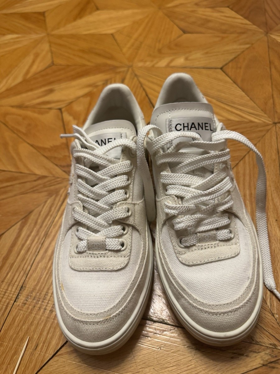 Chanel CC Logo Cotton Sneakers Beige White Size 38 | eBay