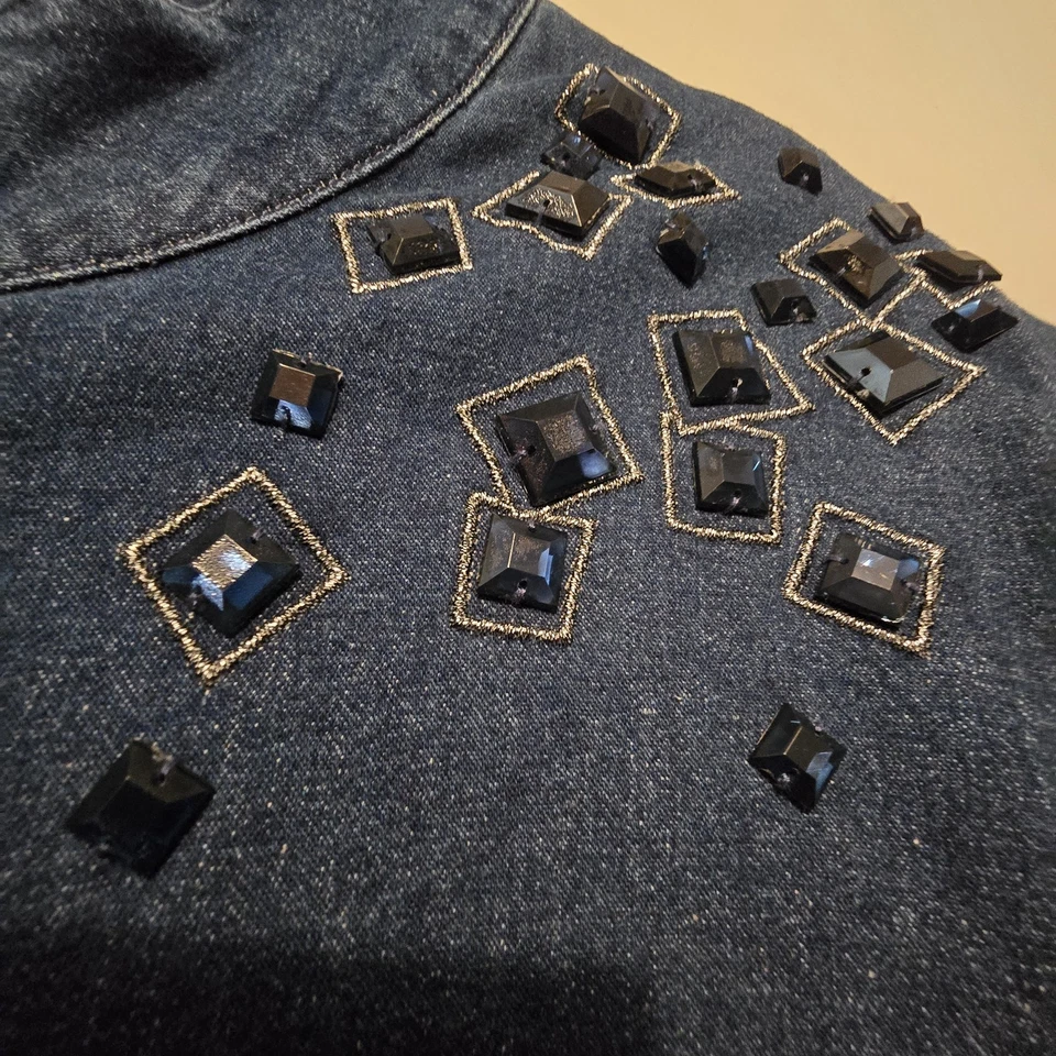 Chaqueta De Colección Bob Mackie Usable Arte Azul Denim Cremallera Mujeres LG Estrás Artística Foto 4 de 4