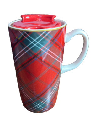 RARE Ceramic RED LID ~ WILLIAMS SONOMA Tartan Plaid 6.25'' Ceramic Travel Mug