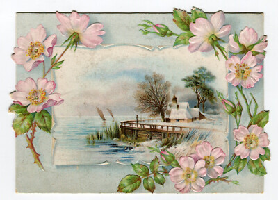 Oblaten scrap die cut chromo Karte Landschaft Meer Kirche Blumenrand 14,5 cm
