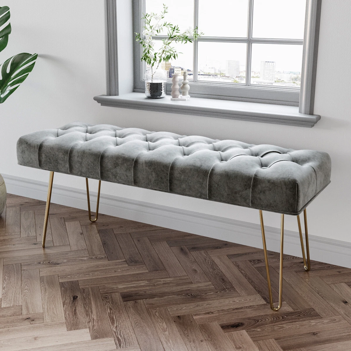 Button Tufted Upholstered Velvet Bench Window Seat Fabric Ottoman Bed End Stool