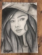 Hand-Drawn Charcoal Portrait of Woman in Hat – Realistic Art Sketch