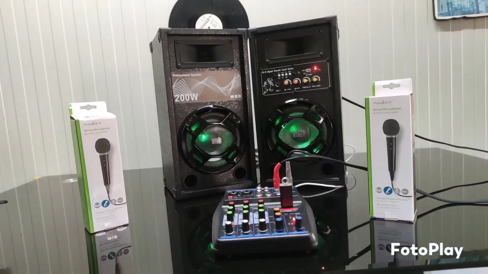 IMPIANTO AUDIO COMPLETO KARAOKE 200W CASSE AMPLIFICATE + MIXER + 2