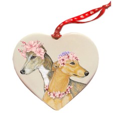 Greyhound Porcelain Floral Heart Ornament Double-sided