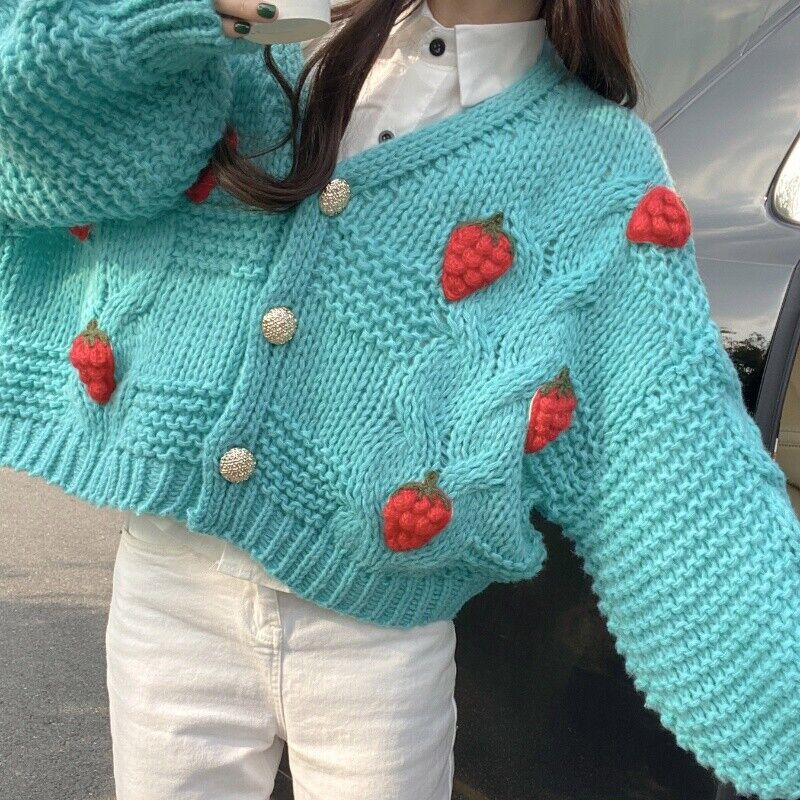 Cute Women Knitting Cardigan Sweater Coat Strawberry Loose Button Knitted  Top