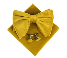 Mens Pre-Tied Oversized Bow Tie Tuxedo Velvet Bowtie Cufflinks One Size Yellow