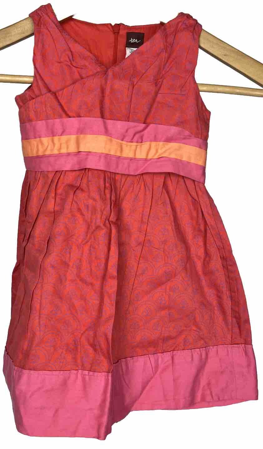 Tea Collection Dress Girls 2 Sleeveless 100% Cotton Red Batik Pink Orange A-Line