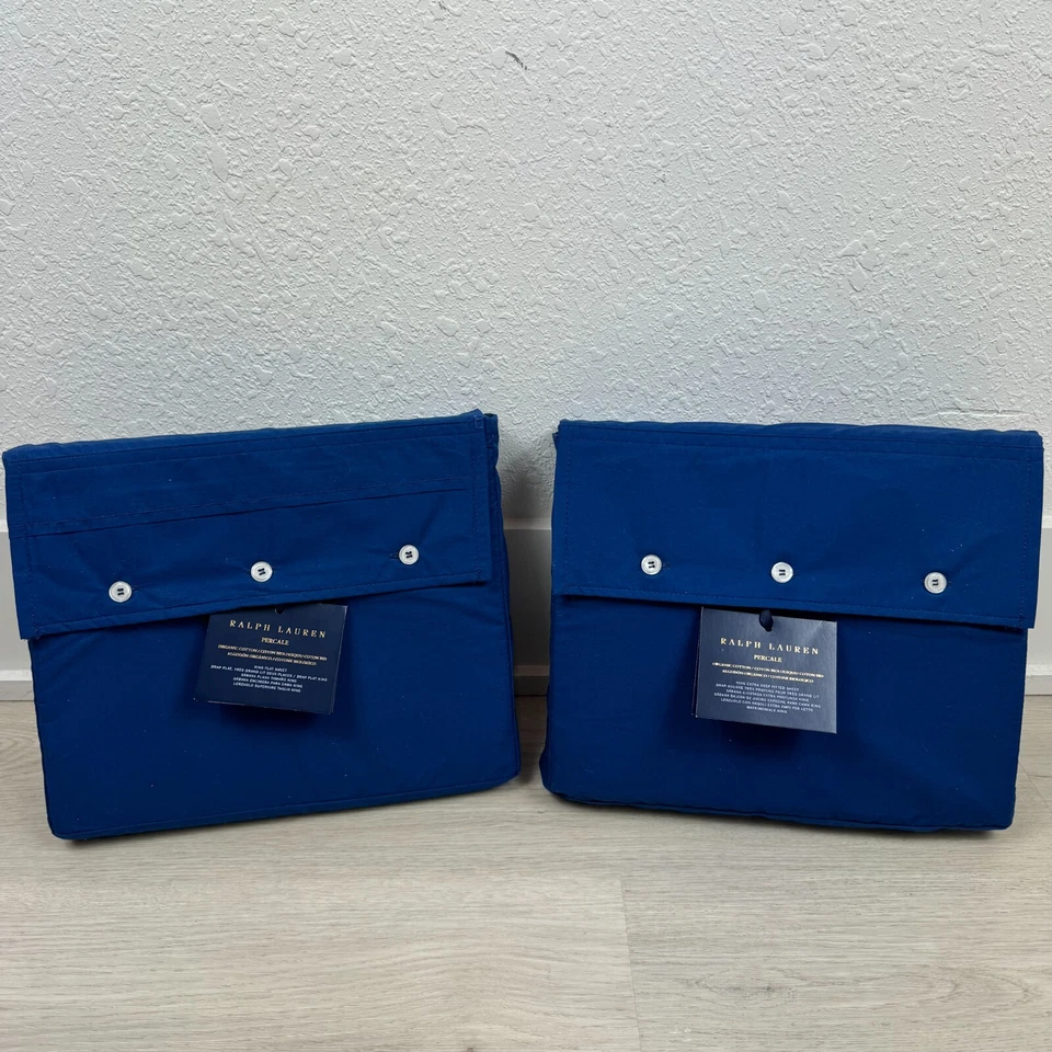 Ralph Lauren Percale Cotton King Flat Sheet and Extra Deep Fitted Sheet Set Blue - Image 2 of 4