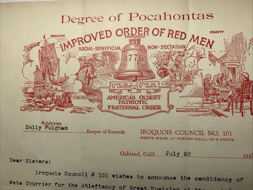 1933 Color Letterhead Improved Order Of Redmen Oakland California Indian IORM