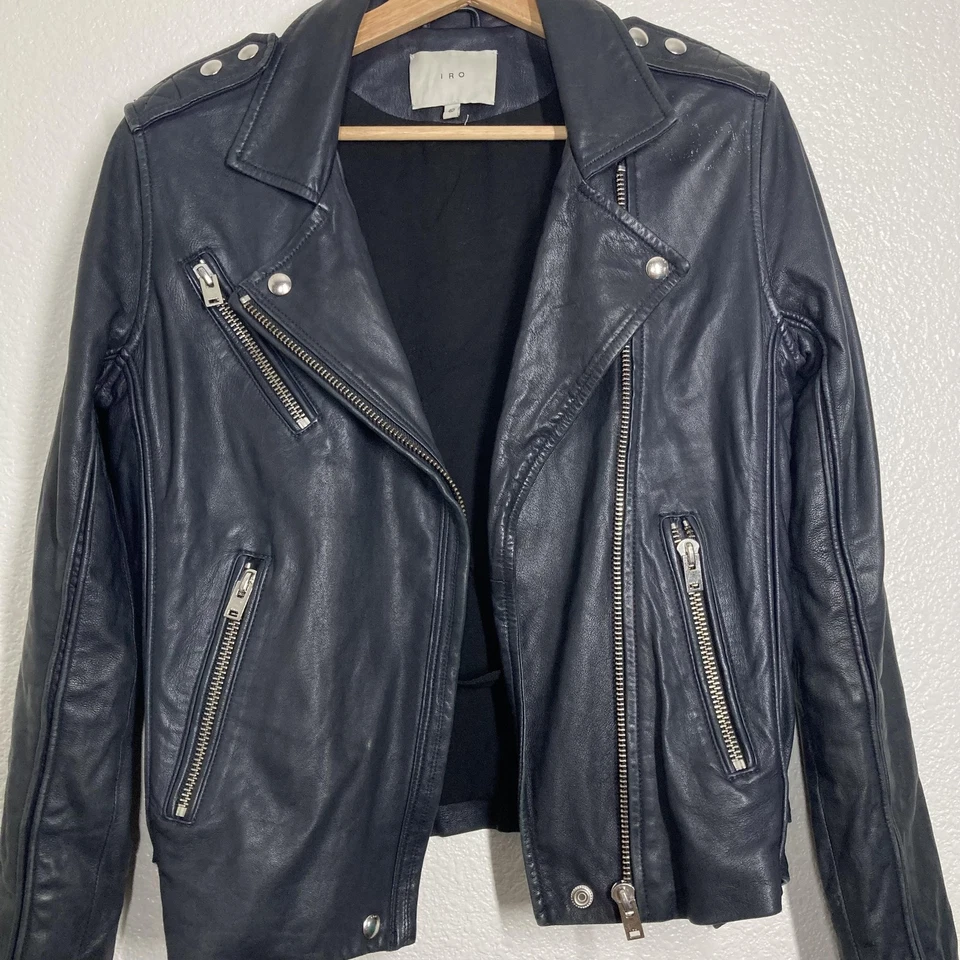 IRO Leather Jacket Womens L Black Tara Moto Biker Lambskin Asymmetrical Zip - Image 3 of 4