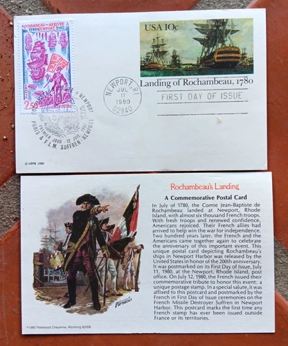 LANDING OF ROCHAMBEAU FROM FRANCE  1980 FRANCE DUAL CANCEL FIRST DAY CARD UNADDR