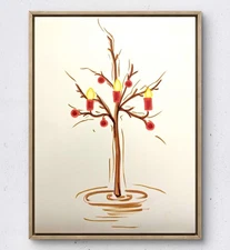 BirkeloART 9x12 Candle Tree Christmas Original Mixed Media Paper Wall Art