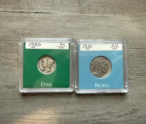 1916 Buffalo Nickel & 1935 Mercury Dime-Vintage US Coin Pair in Display Holders
