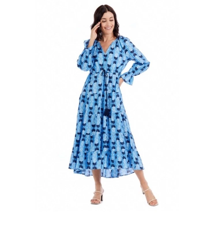 MUD PIE Dolan 长裙小号蓝色 100% 棉海滩波西米亚流畅分层 — 第 2/4 张图片