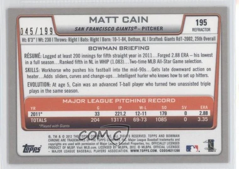2012 Bowman Chrome Purple Refractor /199 Matt Cain #195 - Image 2 of 2