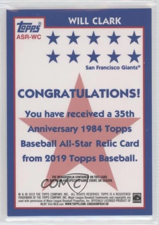 2019 Topps 1984 Topps Baseball All-Stars Relics Will Clark #ASR-WC - Image 2 of 2