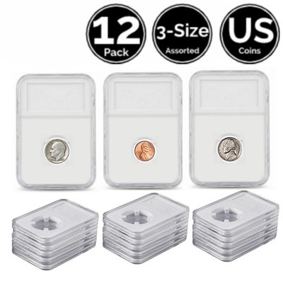 12 Pack 3 Size Assorted Slab Coin Snap Holders For US Dime Cent Nickel