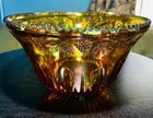 Large Amber Carnival Glass Punch Bowl Sawtooth Edge Grape Vine Etched 7”H 12” D