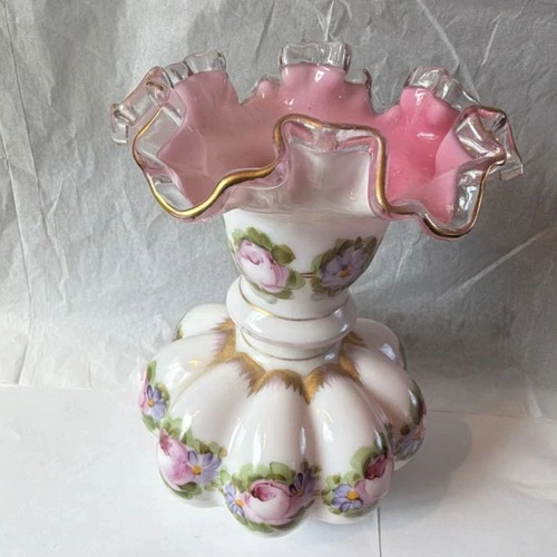 Fenton Pink Glossy Floral Pattern Hand Painted Ruffled Glass Vase
