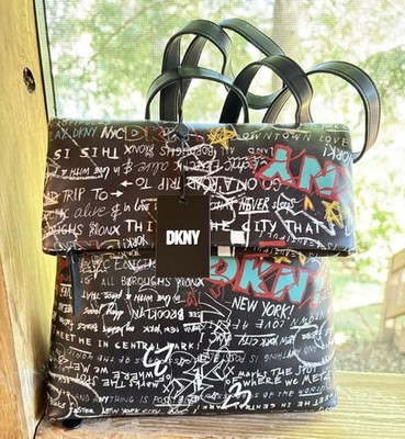 DKNY Tilly Fold Over Backpack Graffiti Logo Black Multicolor $168 MSRP Tags