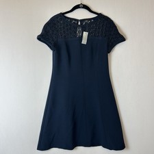 Ann Taylor Dress Womens Petite 6 Blue Fit Flare Lace Crochet Neck Short Sleeve