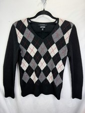 Apt. 9 Womens Black Grey Red Argyle V-Neck 100 Cashmere Sweater Size M Preppy