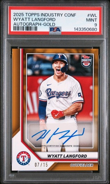 2025 Wyatt Langford PSA 9 Auto Topps Industry Conference Gold Rangers #'d /15