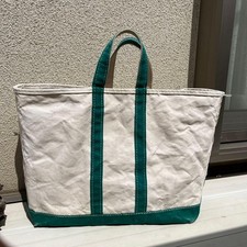 L.L.Bean Canvas Tote Bag Green/White Large Giza Tag 80's Used