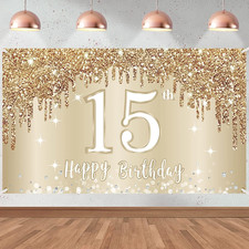 Happy 15Th Birthday Banner Backdrop Decorations for Girls, Gold White Sweet 15 B