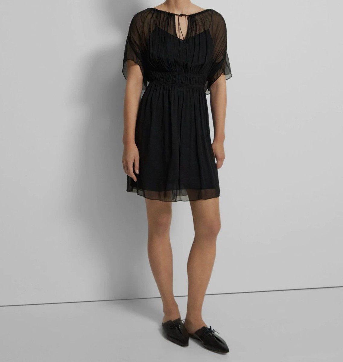 theory black silk dress $365 Theory Women's Black Silk Chiffon Crinkle Flutter Sleeve Dress Petite  Sz P