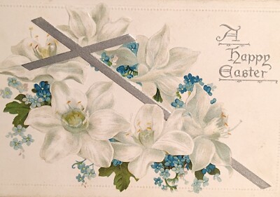 1909 Easter Greetings Postcard, Embossed, Silver Gilded, Tuck Postcard. #-1751