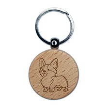 Pembroke Welsh Corgi Standing Dog Engraved Wood Round Keychain Tag Charm
