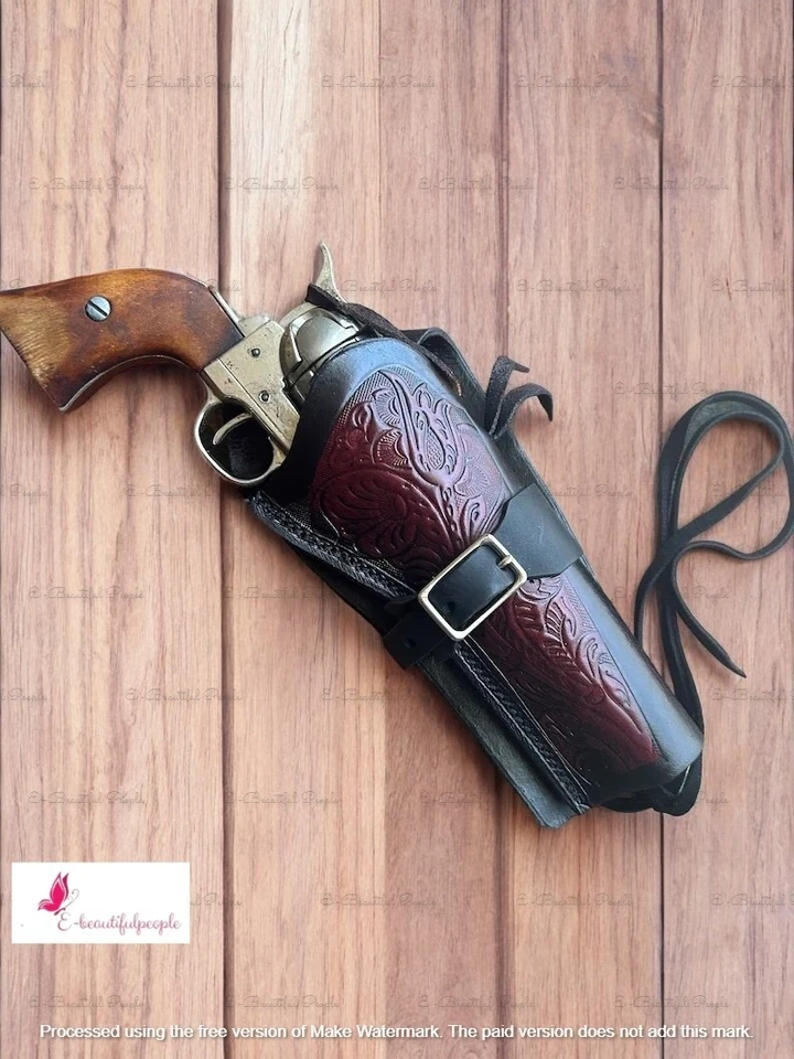 Leather Handcrafted &Tooled Flower Double toned Gun Revolver Holster Western - Image 3 of 4